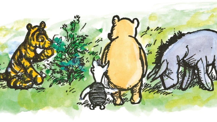 A colour illustration from Winnie the Pooh showing Pooh bear, Eeyore, Piglet and Tiger